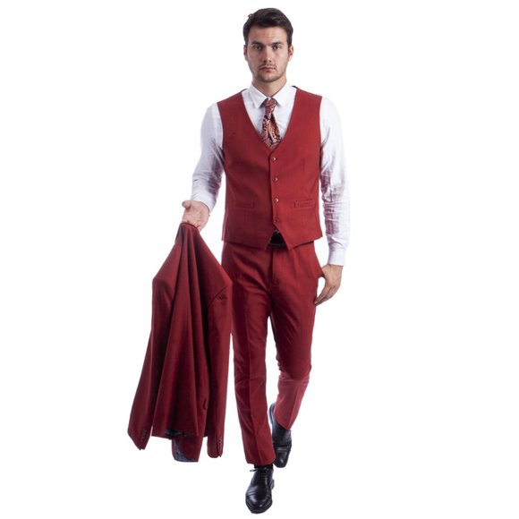 Men's Skinny-Fit 3pc Brick Red Suit by Sean Alexander - Picture 6 of 6